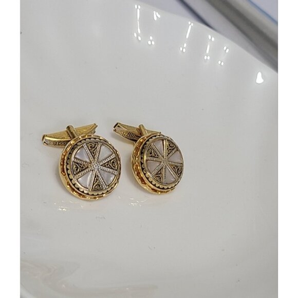 Vintage Men's Gold Tone Formal Pearl Cross Round Cuff Links - Picture 7 of 8